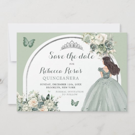 Boho Sage Groen Bloemen Quinceañera Save The Date Kaart (Voorkant)