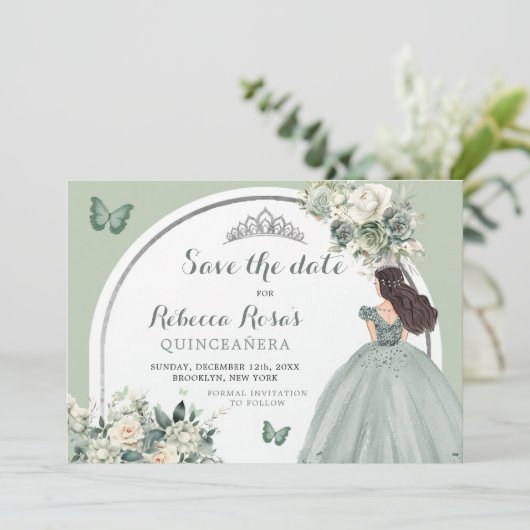 Boho Sage Groen Bloemen Quinceañera Save The Date Kaart (Staand voorkant)