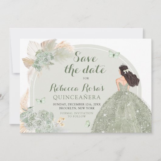 Boho Sage Groen Bloemen Quinceañera Save The Date Kaart (Voorkant)