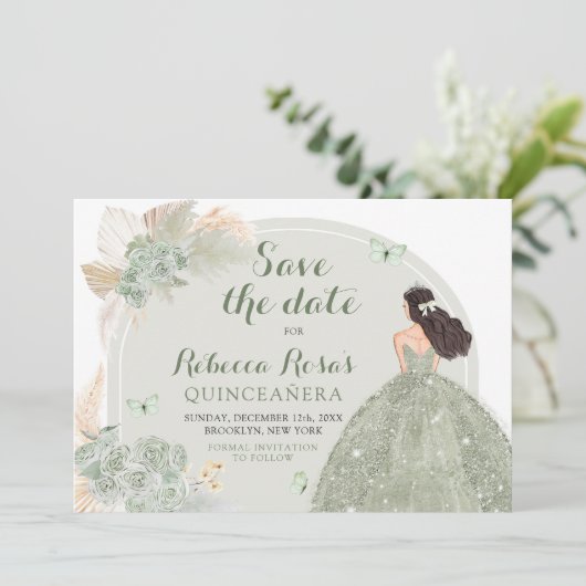 Boho Sage Groen Bloemen Quinceañera Save The Date Kaart (Staand voorkant)