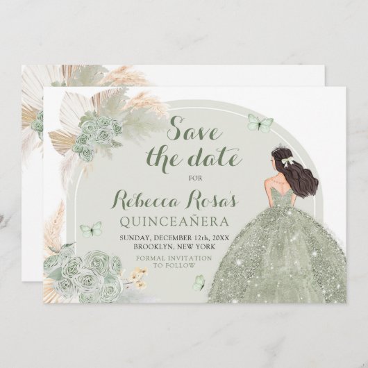 Boho Sage Groen Bloemen Quinceañera Save The Date Kaart (Voorkant / Achterkant)