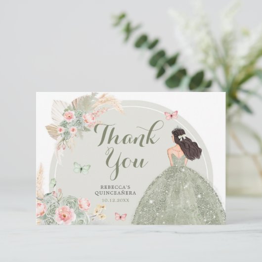 Boho Sage Groen Blush Roze Quinceañera Bedankkaart (Staand voorkant)