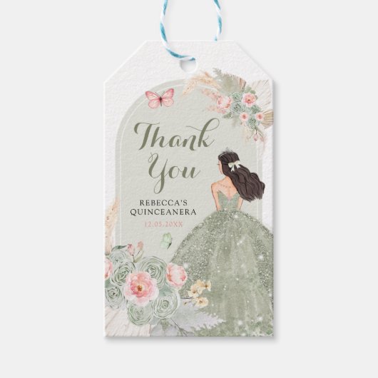 Boho Sage Groen Blush Roze Quinceañera Bedankt Cadeaulabel (Voorkant)