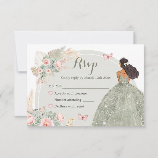 Boho Sage Groen Blush Roze Quinceañera RSVP Kaartje (Voorkant)