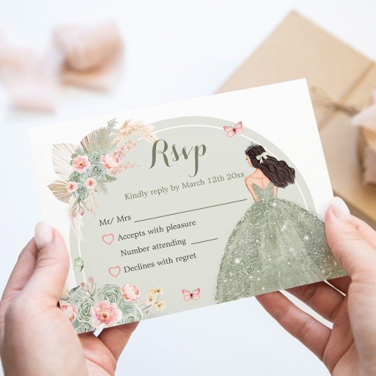 Boho Sage Groen Blush Roze Quinceañera RSVP Kaartje