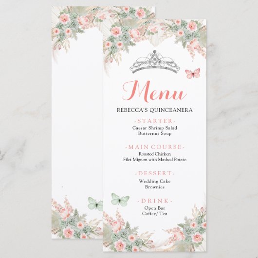 Boho Sage Groen Blush Roze Royal Quinceañera Menu (Voorkant / Achterkant)