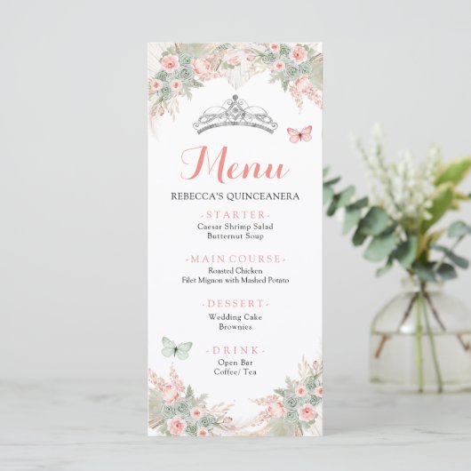 Boho Sage Groen Blush Roze Royal Quinceañera Menu (Staand voorkant)