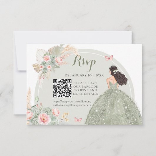 Boho Sage Groen Blush Roze Royal Quinceañera QR RSVP Kaartje (Voorkant)