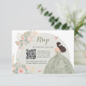 Boho Sage Groen Blush Roze Royal Quinceañera QR RSVP Kaartje (Staand voorkant)
