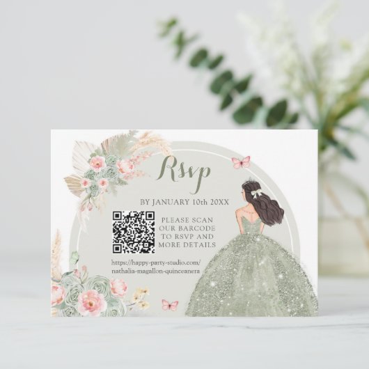 Boho Sage Groen Blush Roze Royal Quinceañera QR RSVP Kaartje (Staand voorkant)