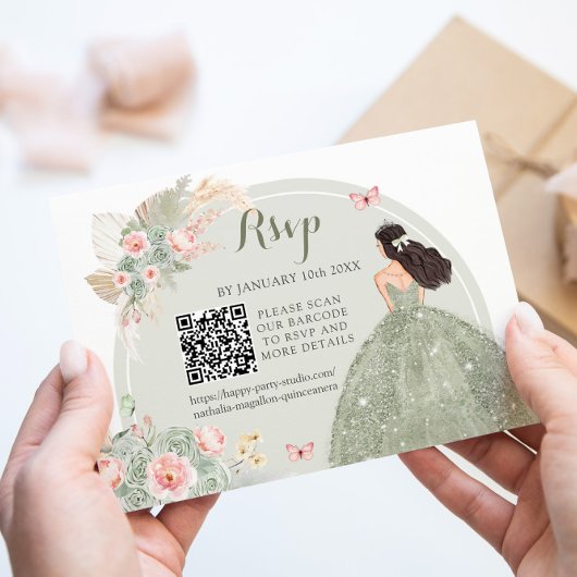 Boho Sage Groen Blush Roze Royal Quinceañera QR RSVP Kaartje