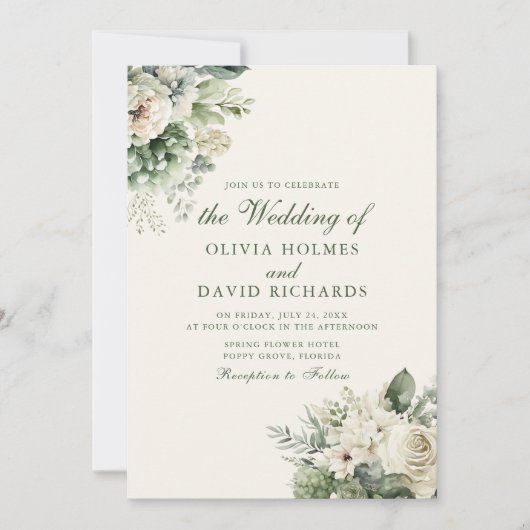 Boho Sage Groen en Ivoor Bloemen Bruiloft Kaart (Voorkant)