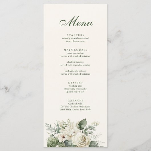 Boho Sage Groen en Ivoor Bloemen Bruiloft Menu (Voorkant)