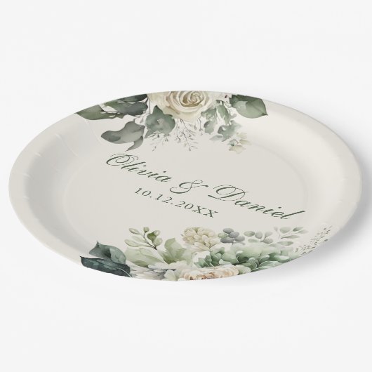 Boho Sage Groen en Ivoor Bloemen Bruiloft Papieren Bordje (Gekanteld)