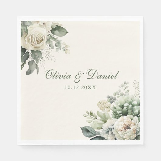 Boho Sage Groen en Ivoor Bloemen Bruiloft Servet (Voorkant)