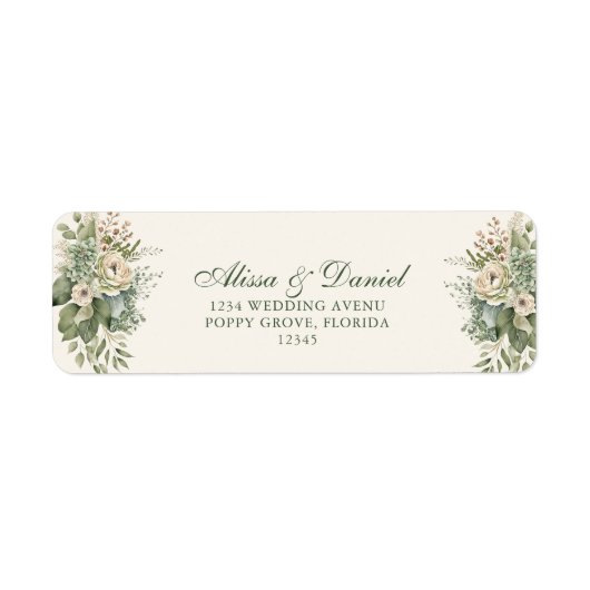 Boho Sage Groen en Ivoor Bloemen Trouwadres Etiket (Voorkant)