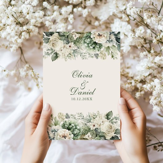 Boho Sage Groen en Ivoor Bloemen Trouwprogramma Programmakaart