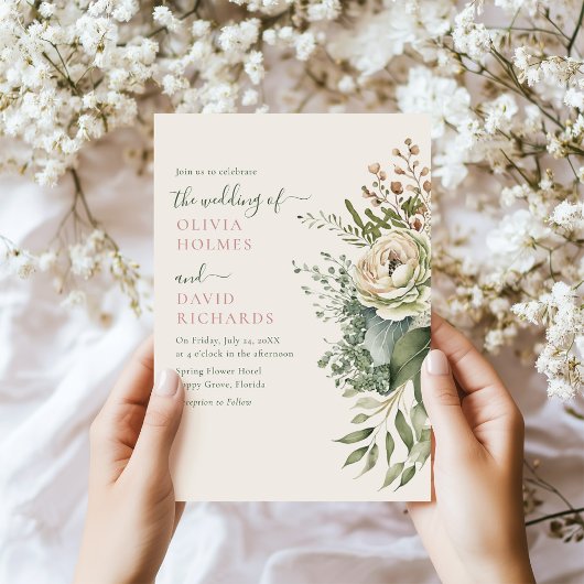 Boho Sage Groen en Ivoor Wildbloemen Bruiloft Kaart