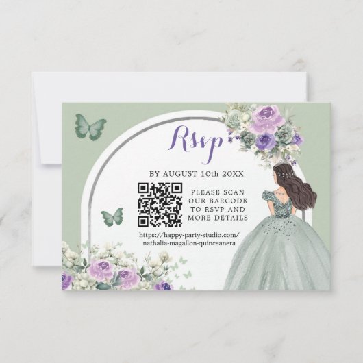 Boho Sage Groen Lila Prinses Meisje 15 Años QR RSVP Kaartje (Voorkant)