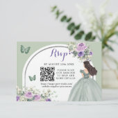Boho Sage Groen Lila Prinses Meisje 15 Años QR RSVP Kaartje (Staand voorkant)