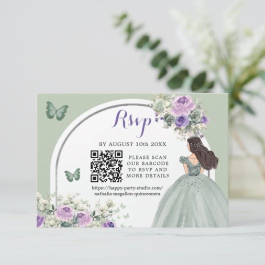 Boho Sage Groen Lila Prinses Meisje 15 Años QR RSVP Kaartje (Staand voorkant)