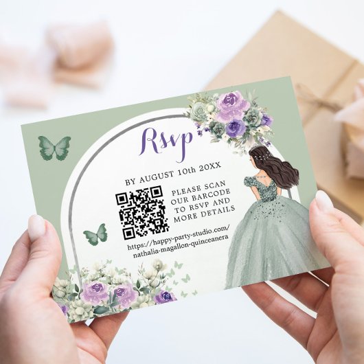 Boho Sage Groen Lila Prinses Meisje 15 Años QR RSVP Kaartje