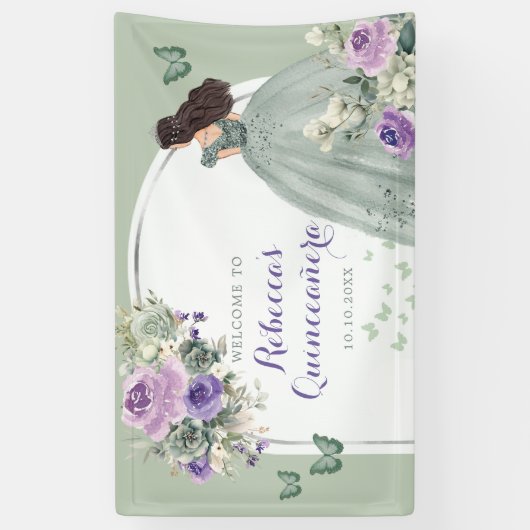 Boho Sage Groen Lila Prinses Quinceañera Groot Spandoek (Verticaal)
