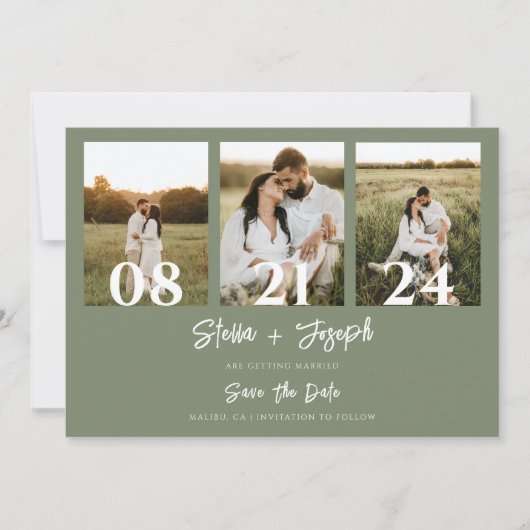 Boho Sage Groen Modern Drie foto's Bruiloft Save The Date (Voorkant)
