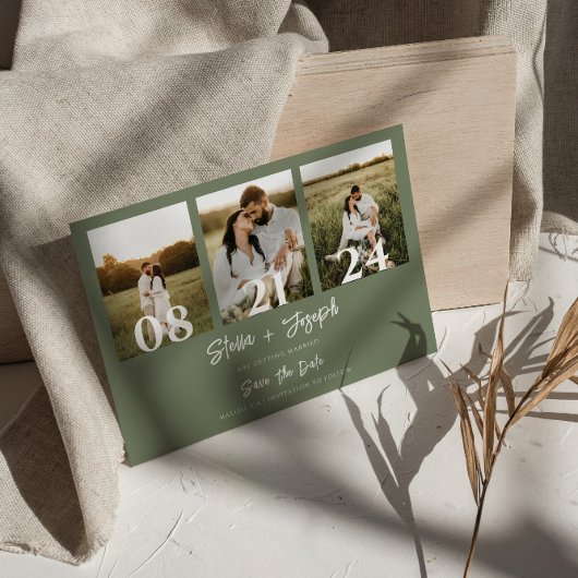 Boho Sage Groen Modern Drie foto's Bruiloft Save The Date