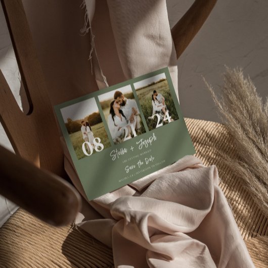 Boho Sage Groen Modern Drie foto's Bruiloft Save The Date