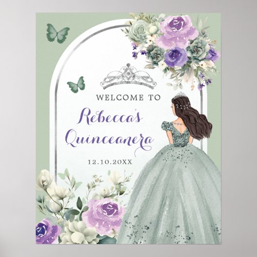 Boho Sage Groen Paarse Bloemen Quinceañera Welkom Poster (Voorkant)
