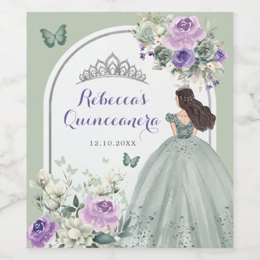 Boho Sage Groen Paarse Bloemen Quinceañera Wijn Etiket (Enkel label)