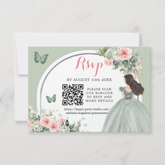 Boho Sage Groen Prinses Meisje 15 Años QR RSVP Kaartje (Voorkant)