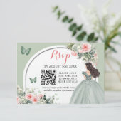 Boho Sage Groen Prinses Meisje 15 Años QR RSVP Kaartje (Staand voorkant)