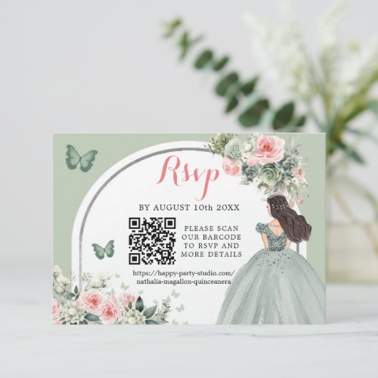Boho Sage Groen Prinses Meisje 15 Años QR RSVP Kaartje (Staand voorkant)