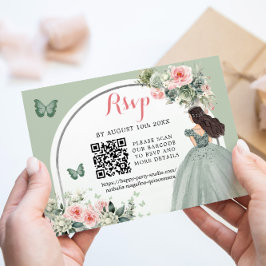 Boho Sage Groen Prinses Meisje 15 Años QR RSVP Kaartje