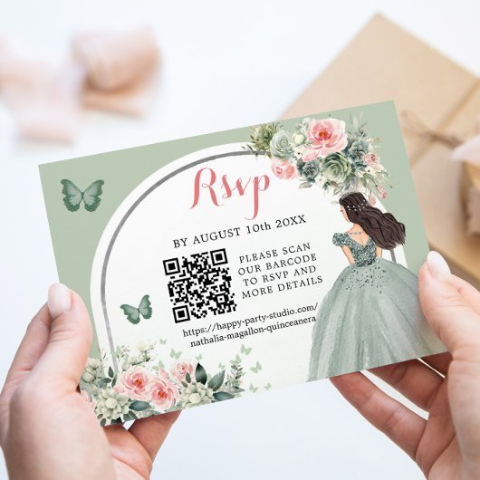 Boho Sage Groen Prinses Meisje 15 Años QR RSVP Kaartje