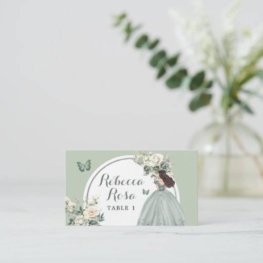 Boho Sage Groen Prinses Quinceañera Bloemen Plaatskaartje (Staand voorkant)