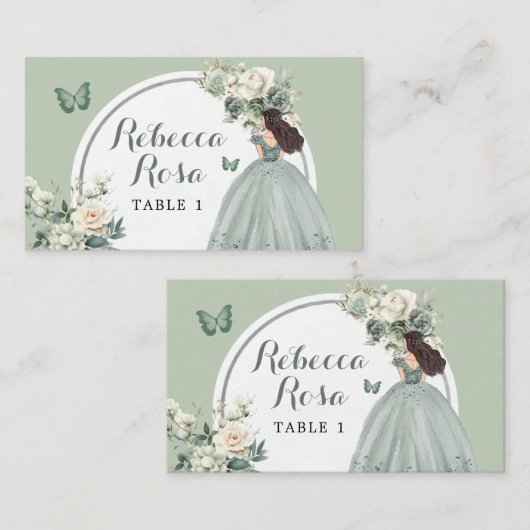 Boho Sage Groen Prinses Quinceañera Bloemen Plaatskaartje (Voorkant / Achterkant)
