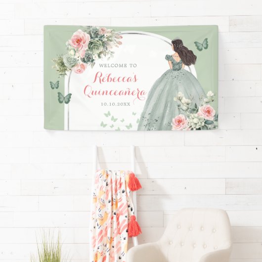 Boho Sage Groen Prinses Quinceañera Groot Spandoek (Insitu)
