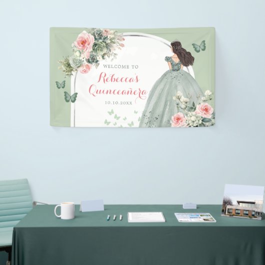 Boho Sage Groen Prinses Quinceañera Groot Spandoek (Beurs)