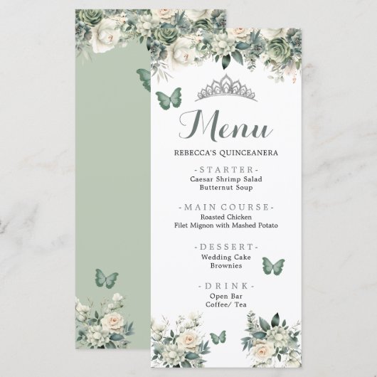Boho Sage Groen Royal Rozen Princess XV Años Menu (Voorkant / Achterkant)