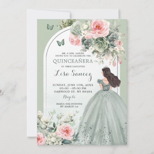 Boho Sage Groen Roze Bloemen Prinses Quinceañera Kaart (Voorkant)