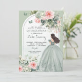 Boho Sage Groen Roze Bloemen Prinses Quinceañera Kaart (Staand voorkant)