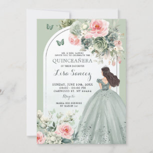 Boho Sage Groen Roze Bloemen Prinses Quinceañera Kaart