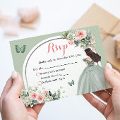 Boho Sage Groen Roze Bloemen Prinses XV Años RSVP Kaartje