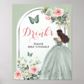 Boho Sage Groen Roze Bloemen Quinceañera Drinken Poster (Voorkant)