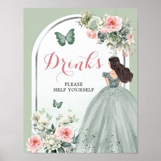 Boho Sage Groen Roze Bloemen Quinceañera Drinken Poster (Voorkant)