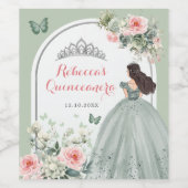 Boho Sage Groen Roze Bloemen Quinceañera Wijn Etiket (Enkel label)