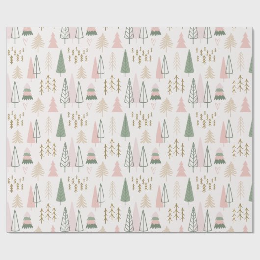 Boho Sage Groen Roze Gouden Kerstbomen Cadeaupapier (Vlak)